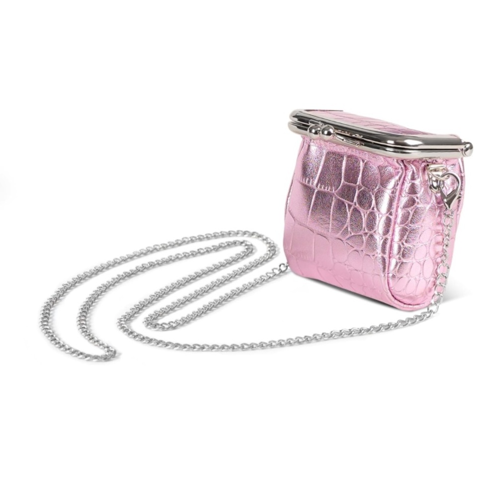 NEW Mini Pink Metallic Croc Kiss Lock Crossbody Bag Silver Chain Strap Barbie - Picture 3 of 5